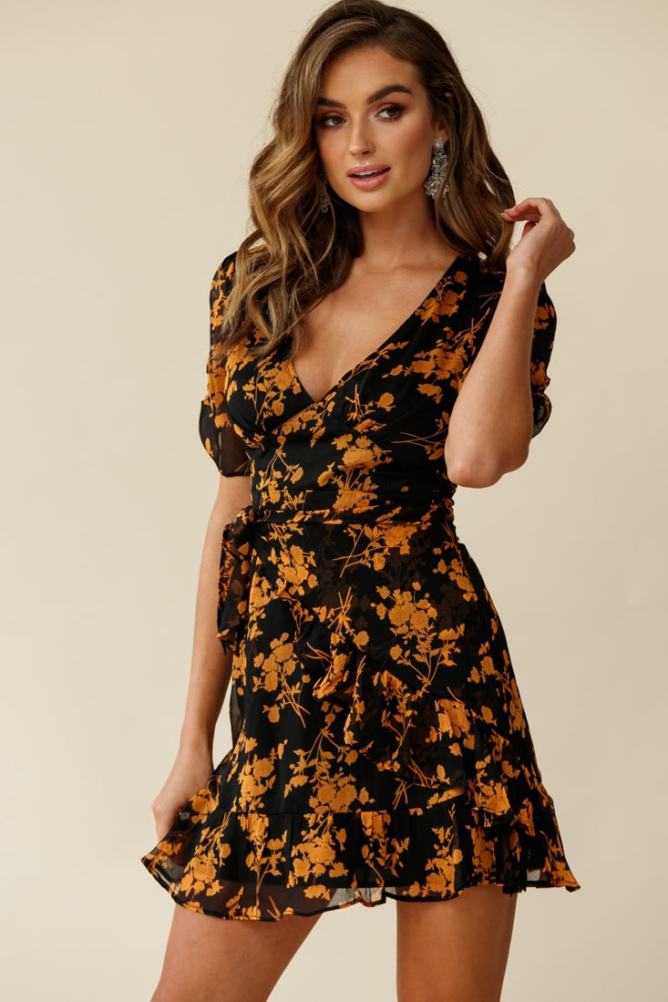 Wonderland Wrap Front Tea Dress Floral Print Black/Mustard-Fable Dress