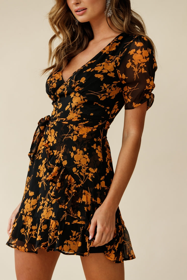Wonderland Wrap Front Tea Dress Floral Print Black/Mustard-Fable Dress