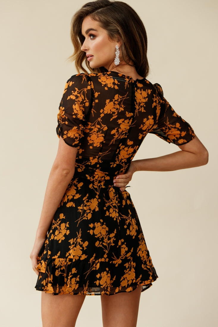 Wonderland Wrap Front Tea Dress Floral Print Black/Mustard-Fable Dress