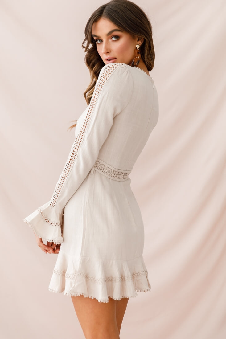 Aspley Flare Cuff Waist Tie Dress Beige-Fable Dress