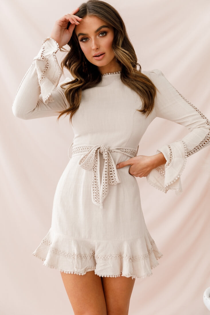 Aspley Flare Cuff Waist Tie Dress Beige-Fable Dress