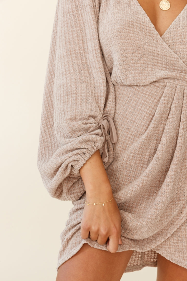 Make Way Balloon Sleeve Knit Wrap Dress Taupe-Fable Dress