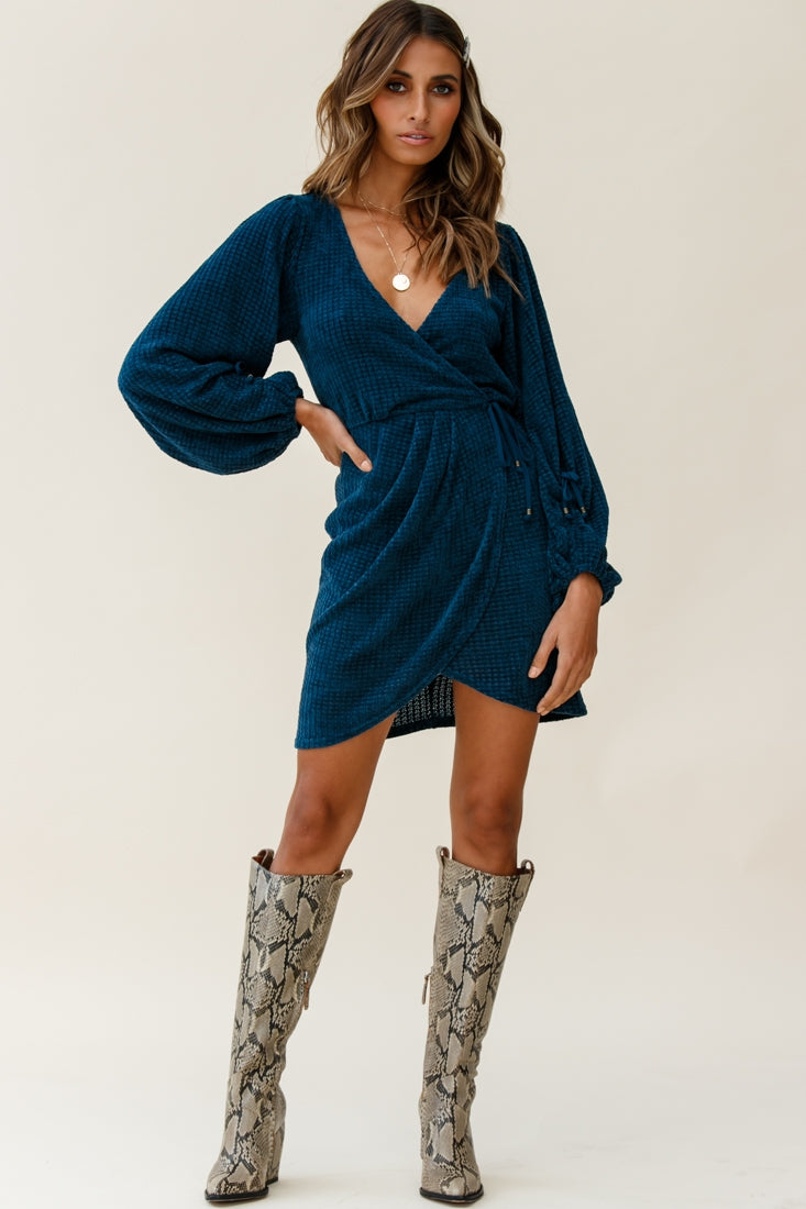 Make Way Balloon Sleeve Wrap Dress Teal-Fable Dress
