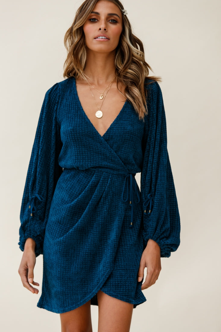 Make Way Balloon Sleeve Wrap Dress Teal-Fable Dress