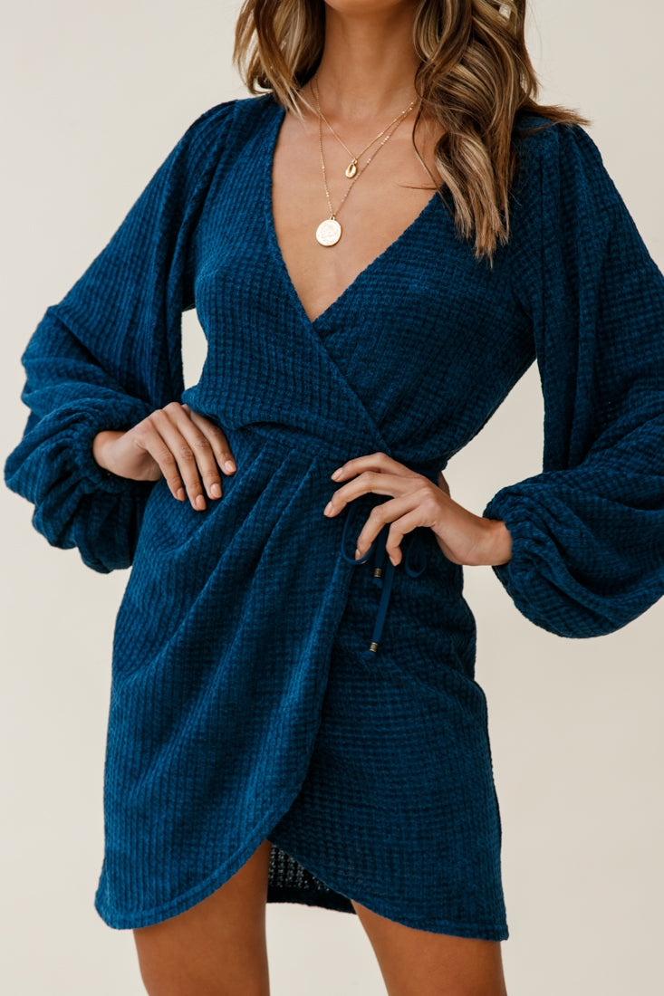 Make Way Balloon Sleeve Wrap Dress Teal-Fable Dress