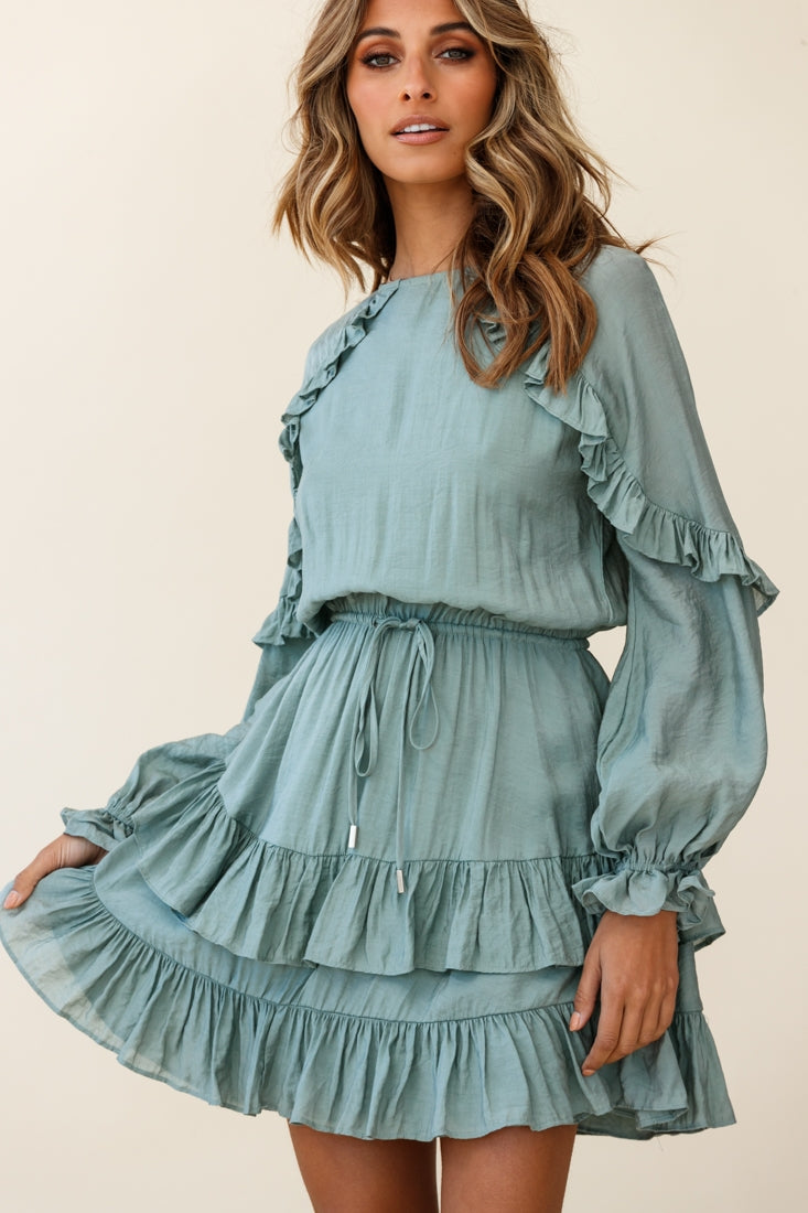 Best Wishes Long Sleeve Frill Detail Dress Olive-Fable Dress