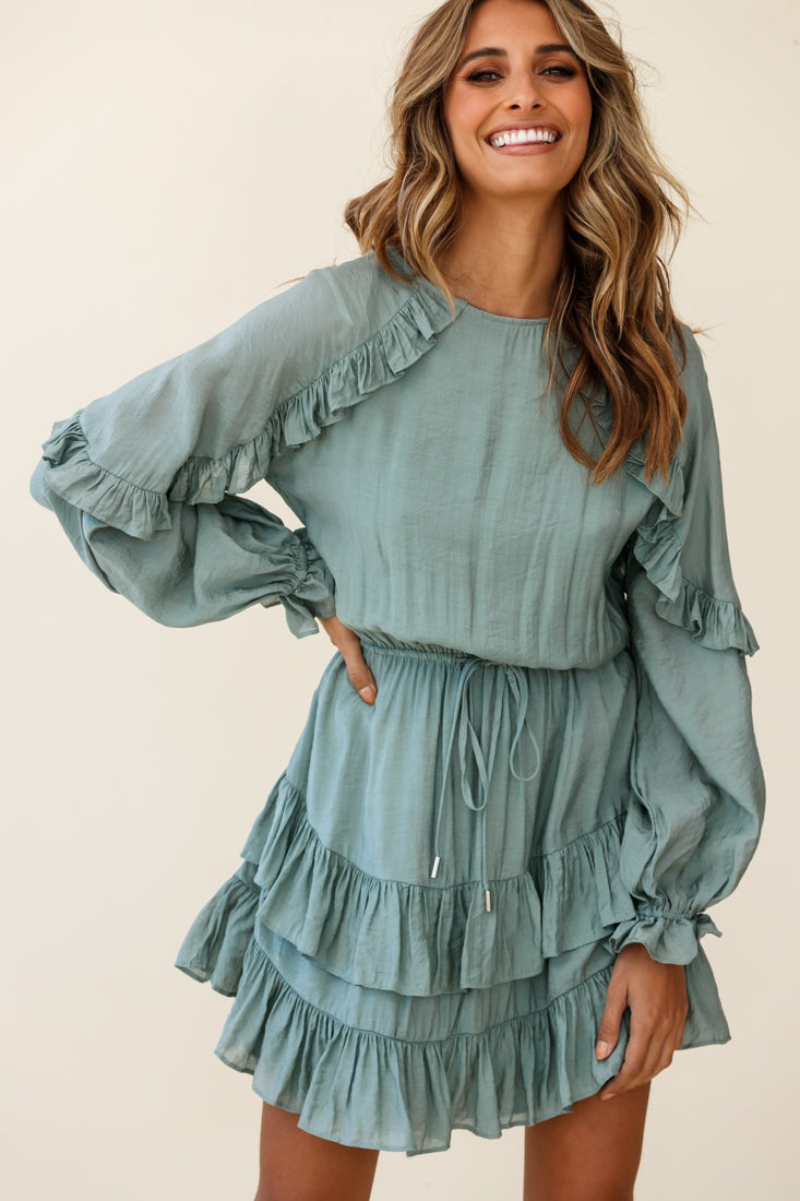 Best Wishes Long Sleeve Frill Detail Dress Olive-Fable Dress