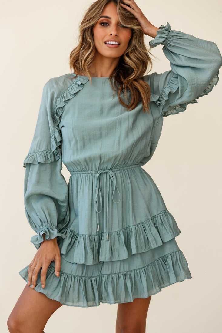 Best Wishes Long Sleeve Frill Detail Dress Olive-Fable Dress