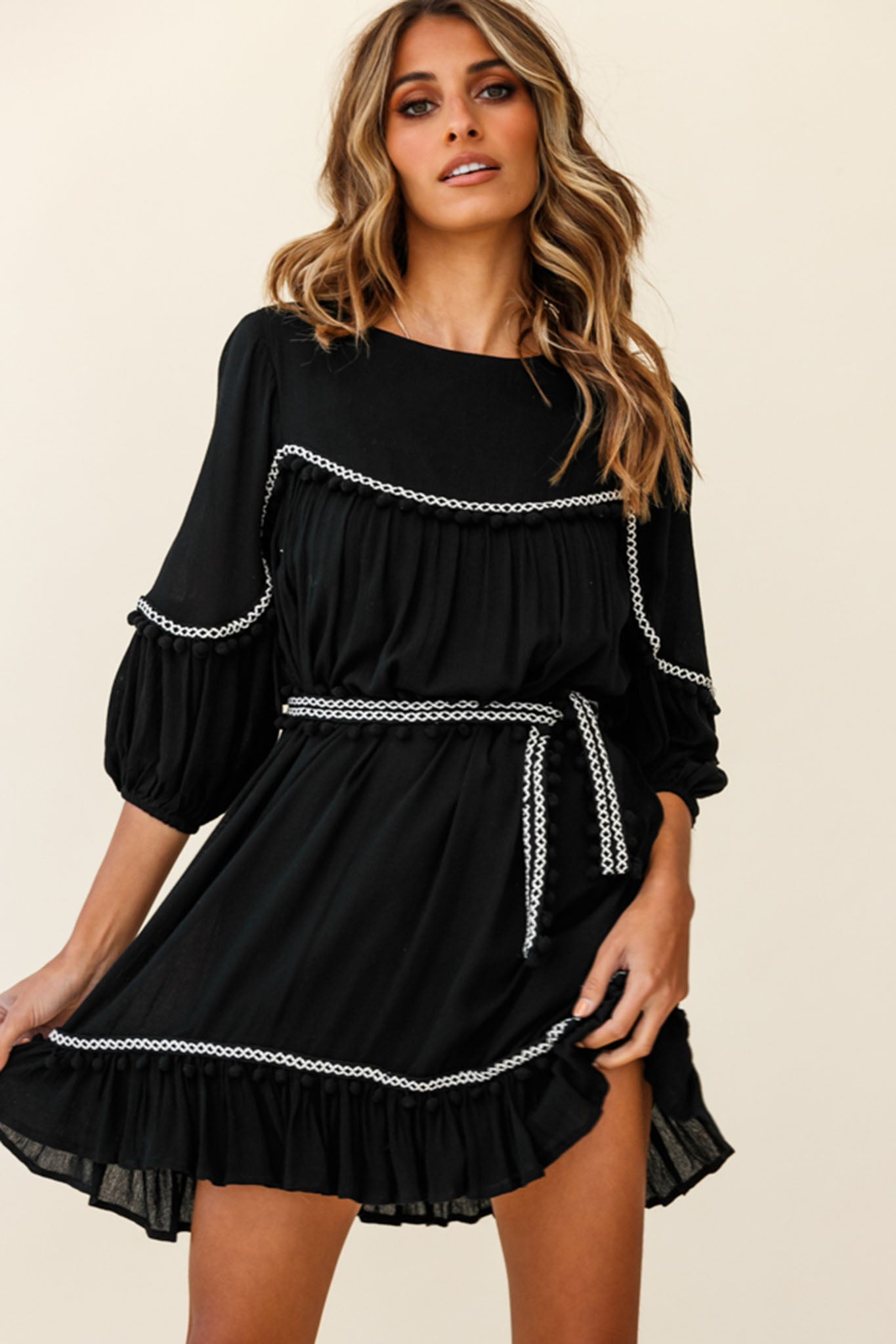 Marionette Three-Quarter Sleeve Pom-Pom Dress Black-Fable Dress