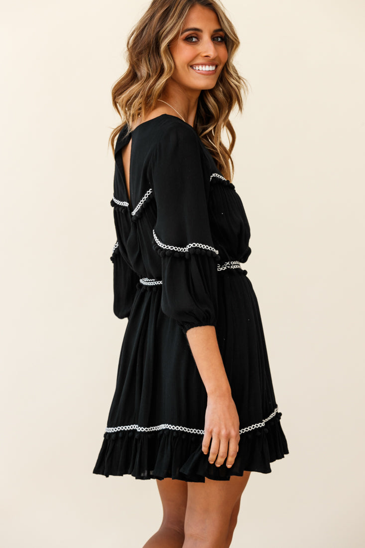 Marionette Three-Quarter Sleeve Pom-Pom Dress Black-Fable Dress