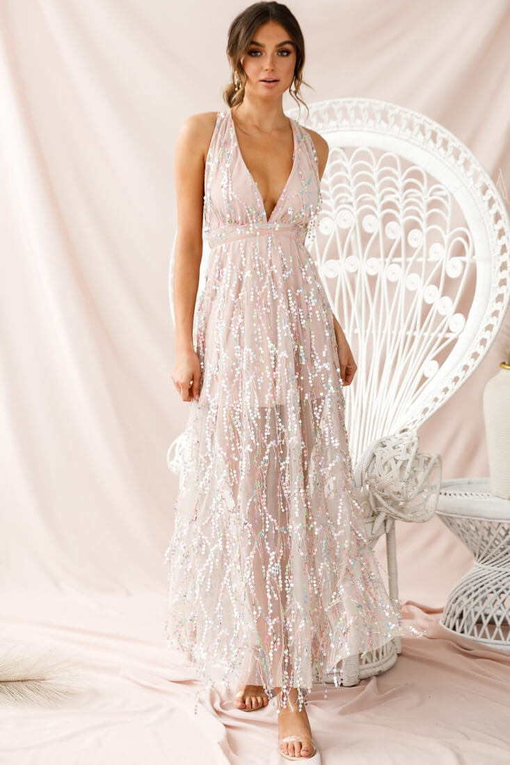 Tiara Sequin Maxi Dress Pink Champagne-Fable Dress