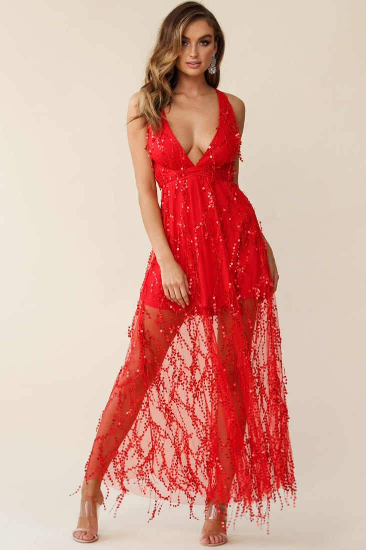 Tiara Sequin Maxi Dress Red-Fable Dress