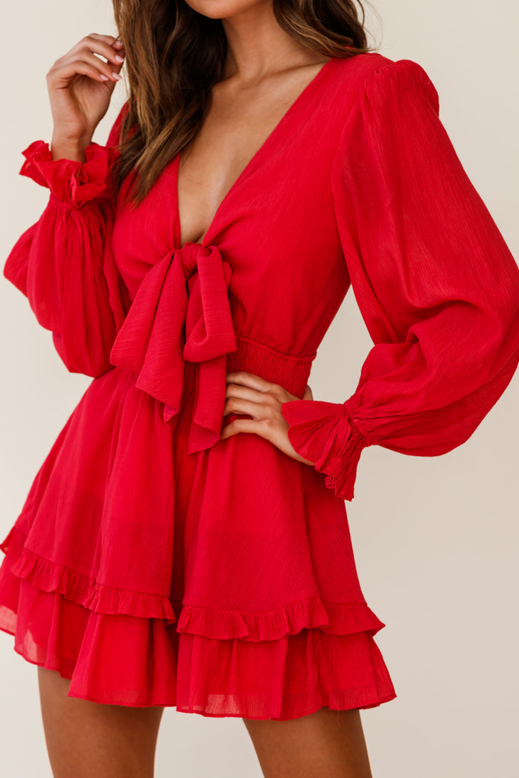 Anthea Bow-Tie Front Layered Frill Dress Red-Fable Dress