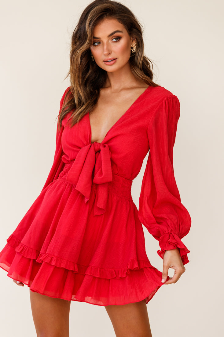 Anthea Bow-Tie Front Layered Frill Dress Red-Fable Dress