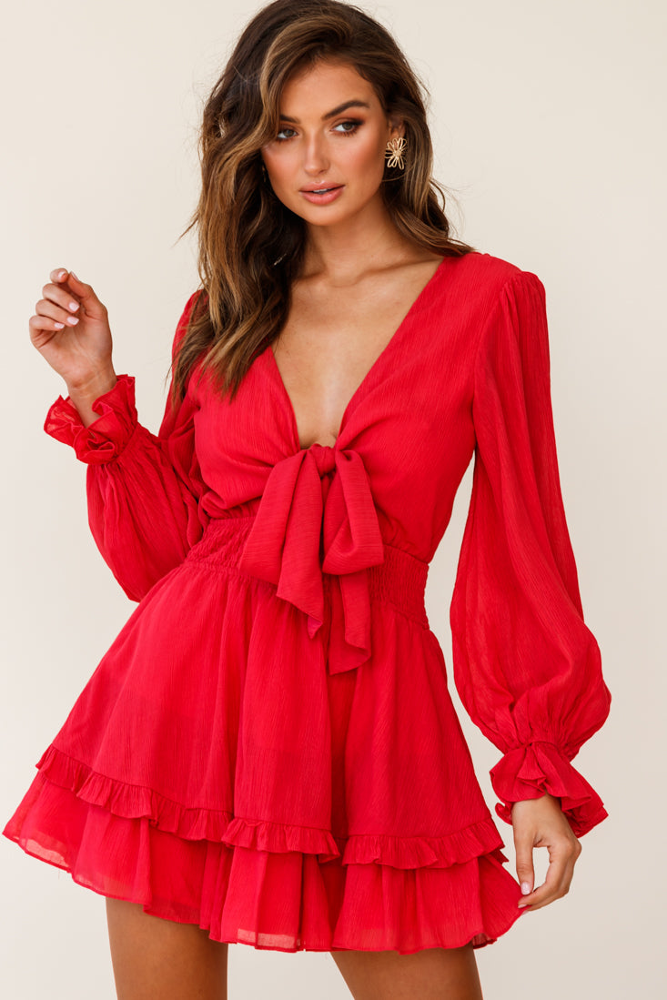 Anthea Bow-Tie Front Layered Frill Dress Red-Fable Dress