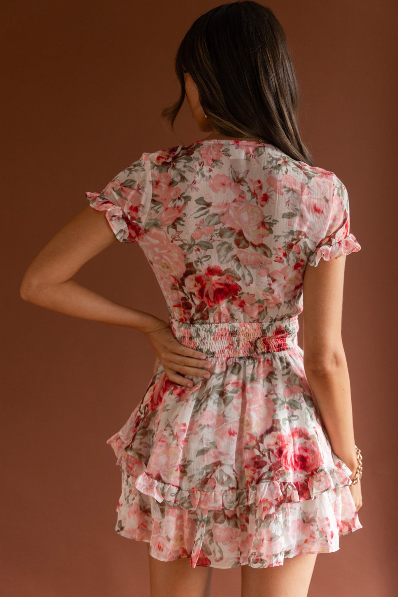 Anthea Bow-Tie Front Layered Frill Dress Floral Print Pink-Fable Dress