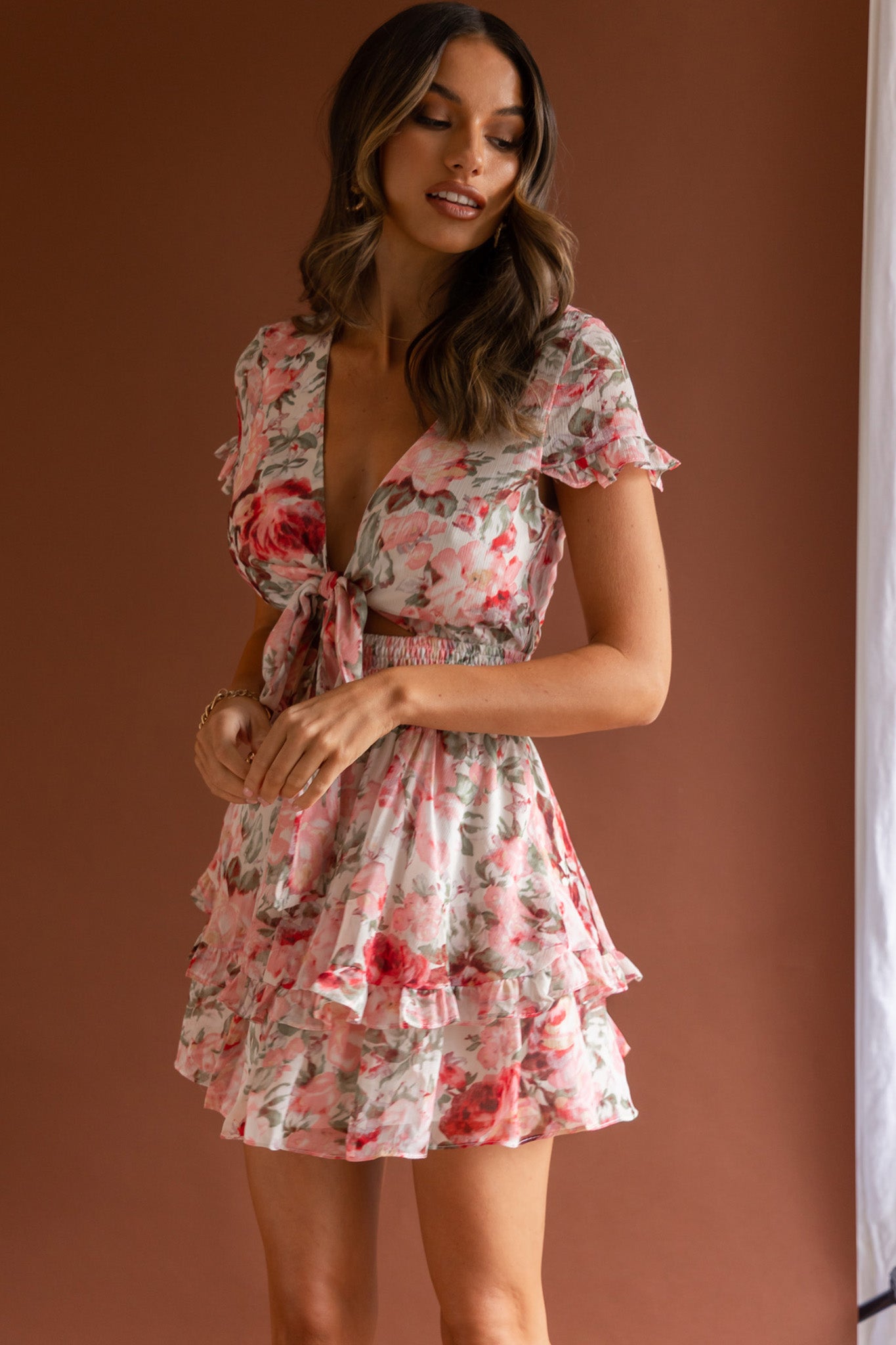 Anthea Bow-Tie Front Layered Frill Dress Floral Print Pink-Fable Dress