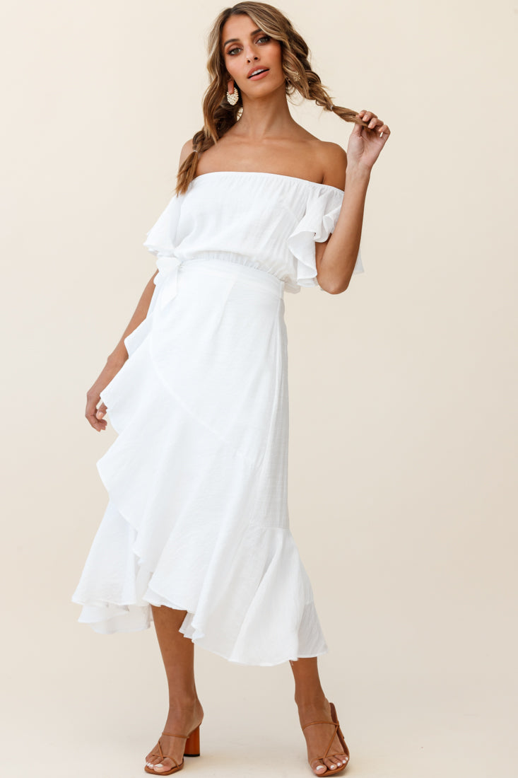 Bettina Bardot Neckline Faux-Wrap Midi Dress White-Fable Dress