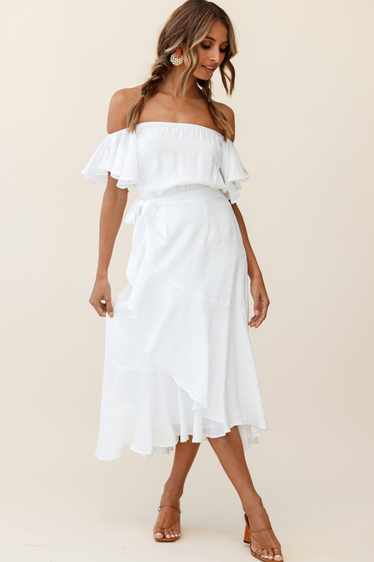 Bettina Bardot Neckline Faux-Wrap Midi Dress White-Fable Dress