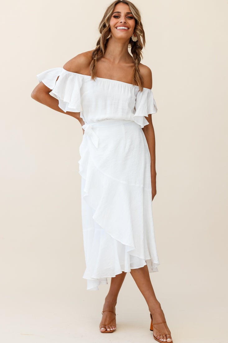 Bettina Bardot Neckline Faux-Wrap Midi Dress White-Fable Dress