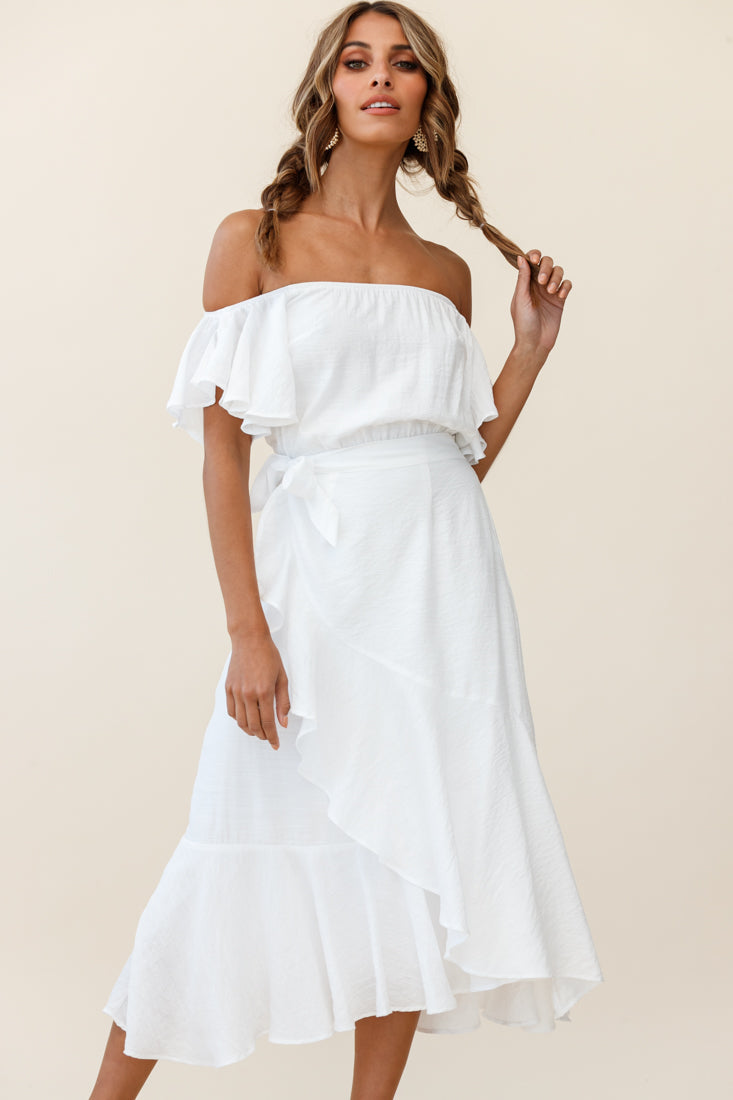 Bettina Bardot Neckline Faux-Wrap Midi Dress White-Fable Dress