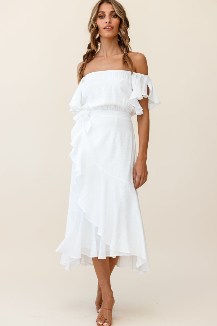 Bettina Bardot Neckline Faux-Wrap Midi Dress White-Fable Dress
