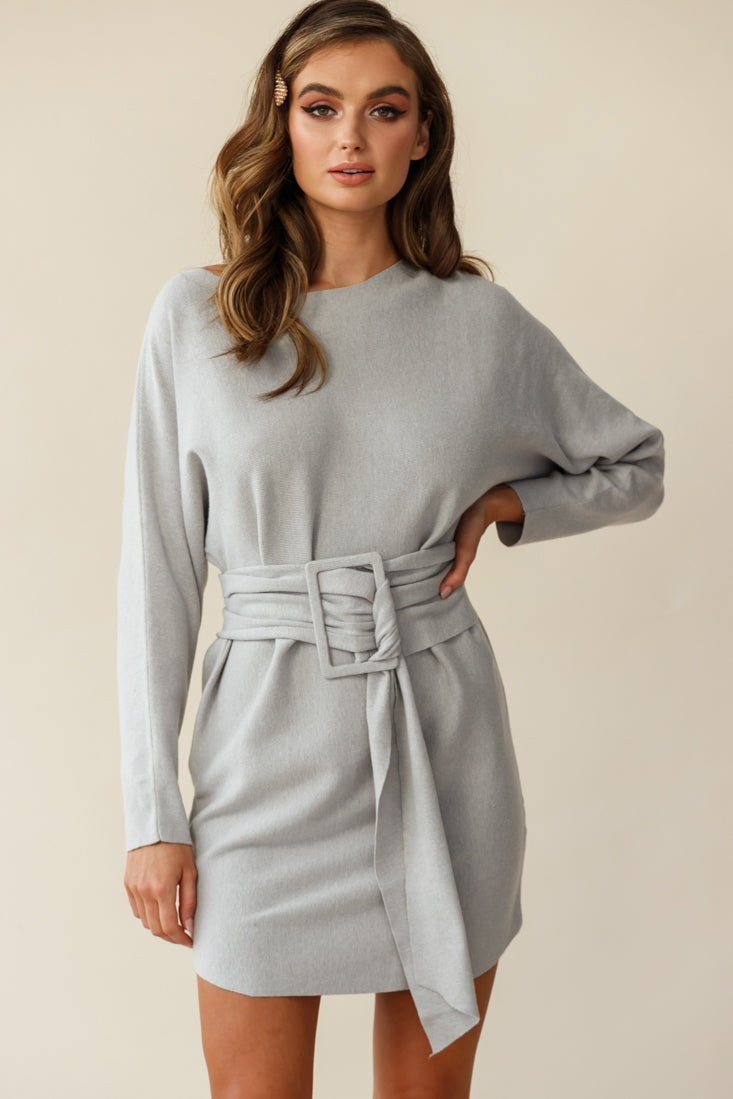 Lorelei Long Sleeve Wide Belt Knit Dress Grey-Fable Dress