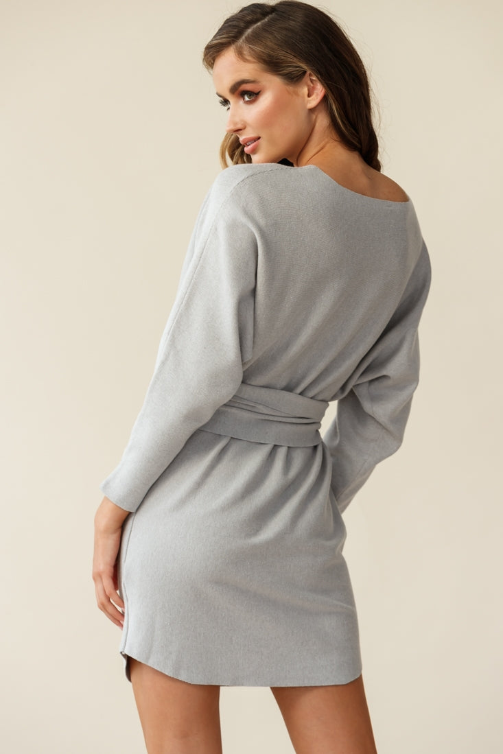 Lorelei Long Sleeve Wide Belt Knit Dress Grey-Fable Dress