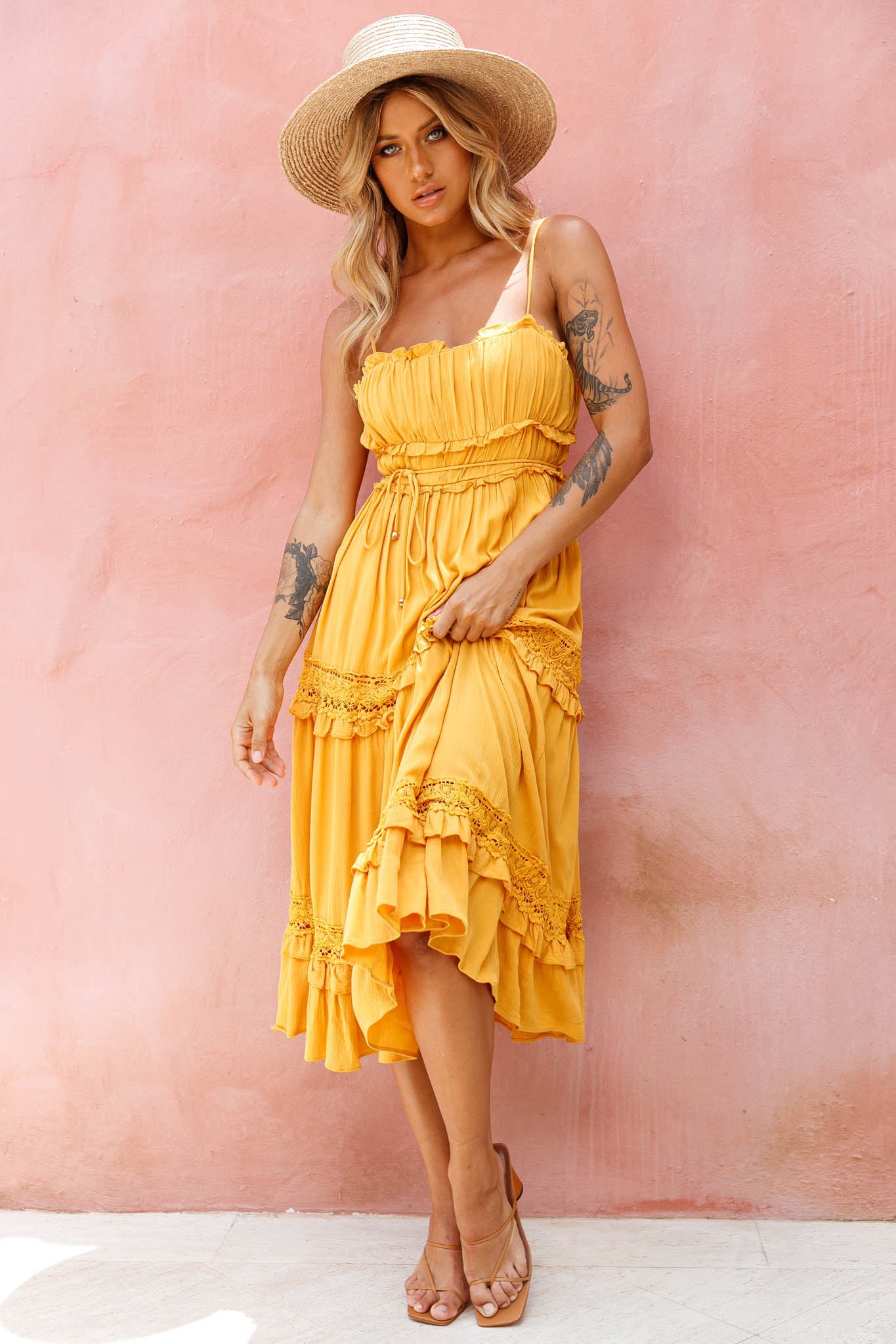 Meet You There Crochet & Frill Trim Detail Midi Dress Mustard-Fable Dress