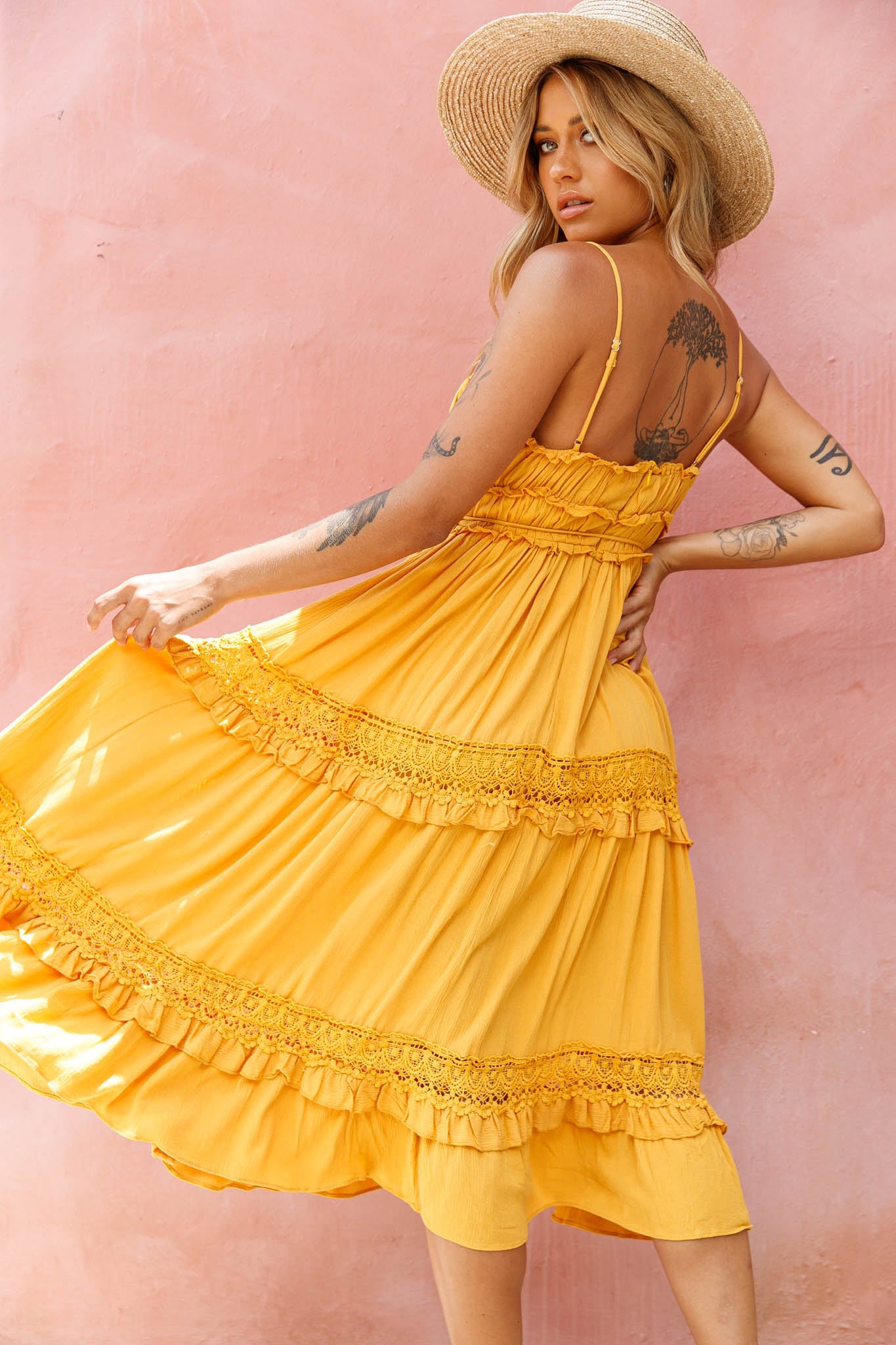 Meet You There Crochet & Frill Trim Detail Midi Dress Mustard-Fable Dress