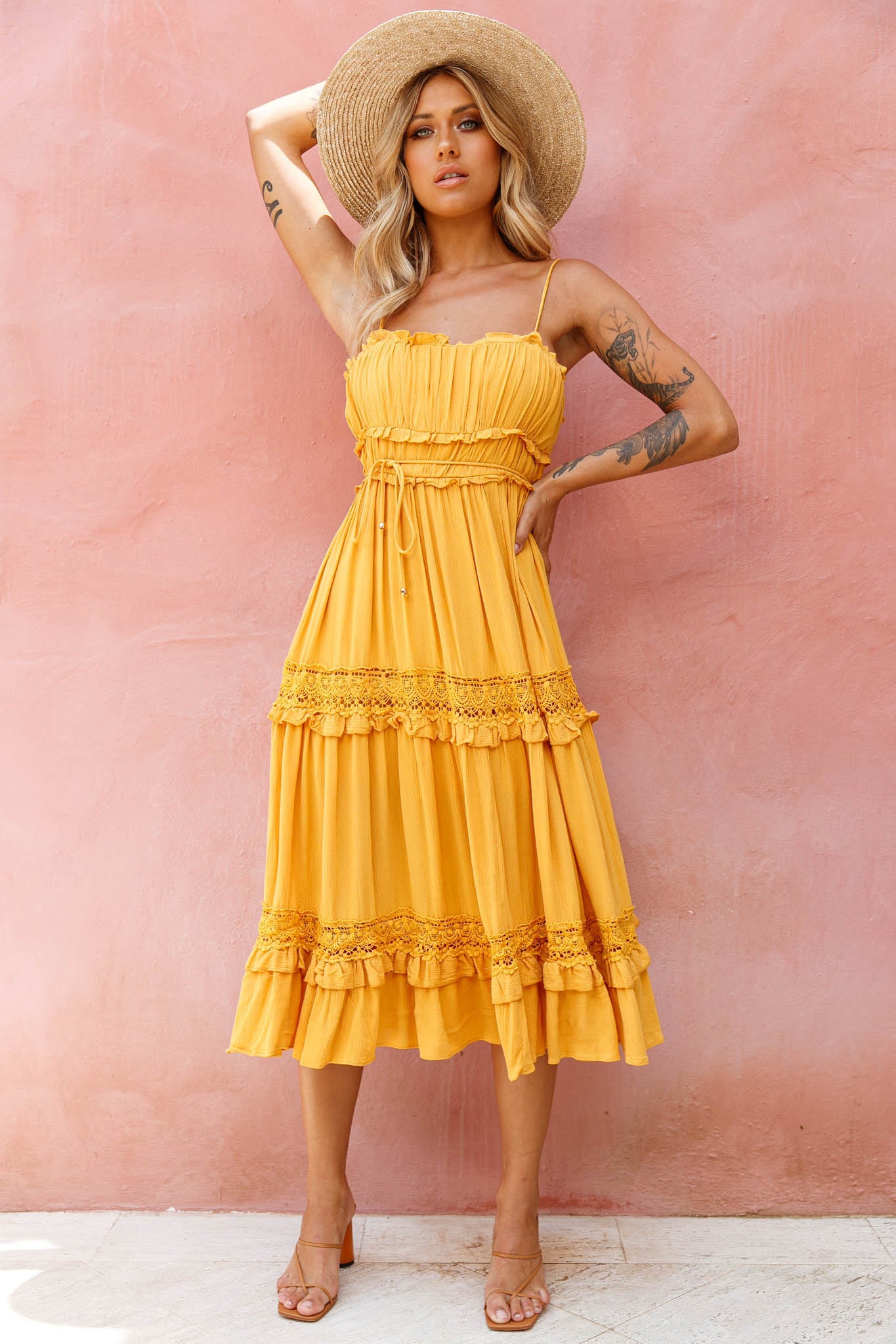 Meet You There Crochet & Frill Trim Detail Midi Dress Mustard-Fable Dress