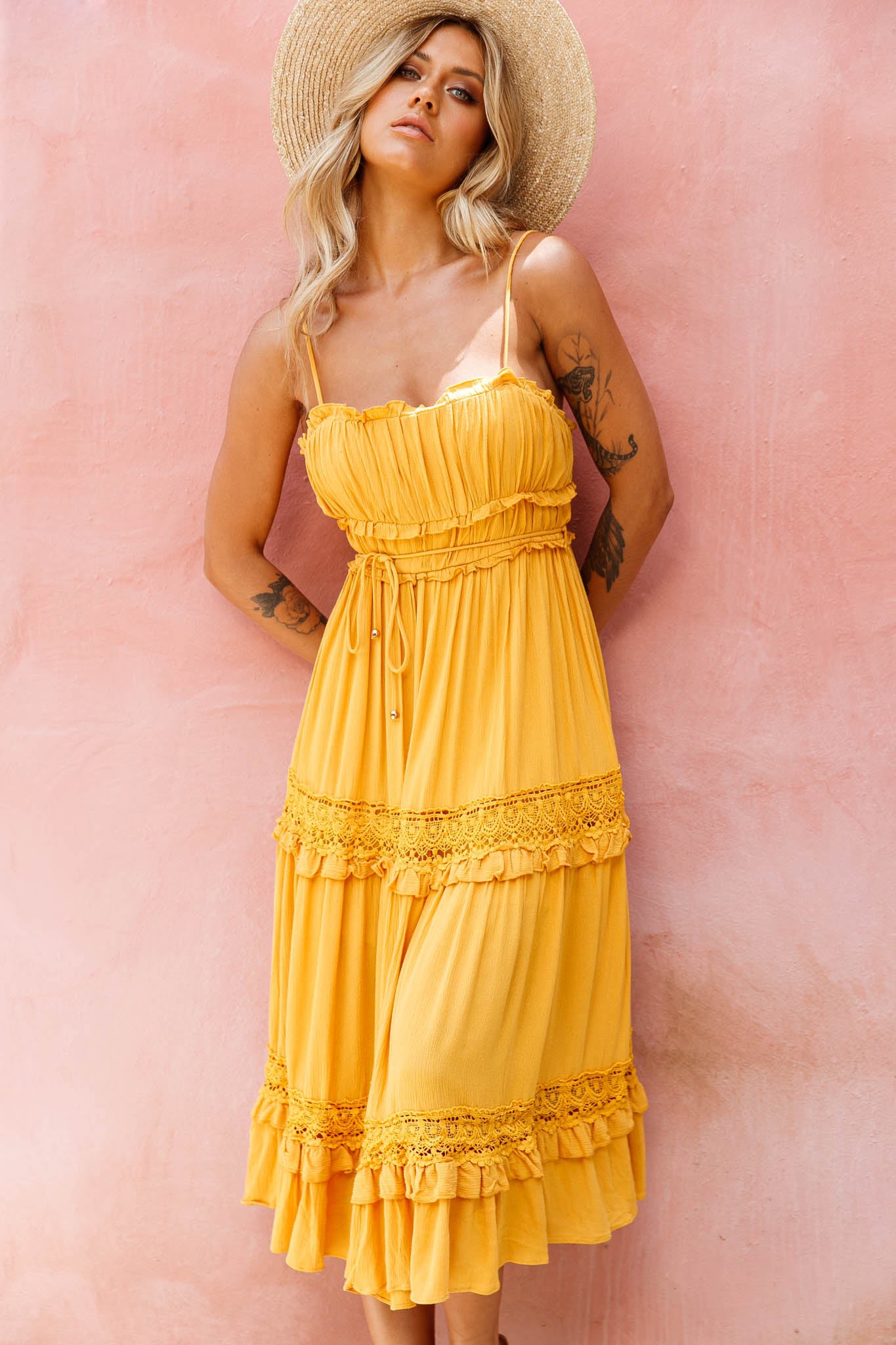 Meet You There Crochet & Frill Trim Detail Midi Dress Mustard-Fable Dress
