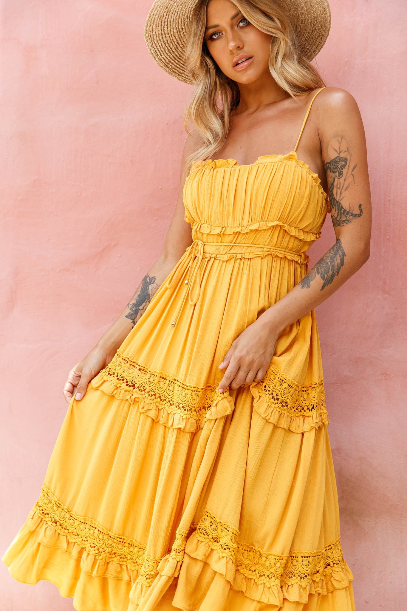 Meet You There Crochet & Frill Trim Detail Midi Dress Mustard-Fable Dress