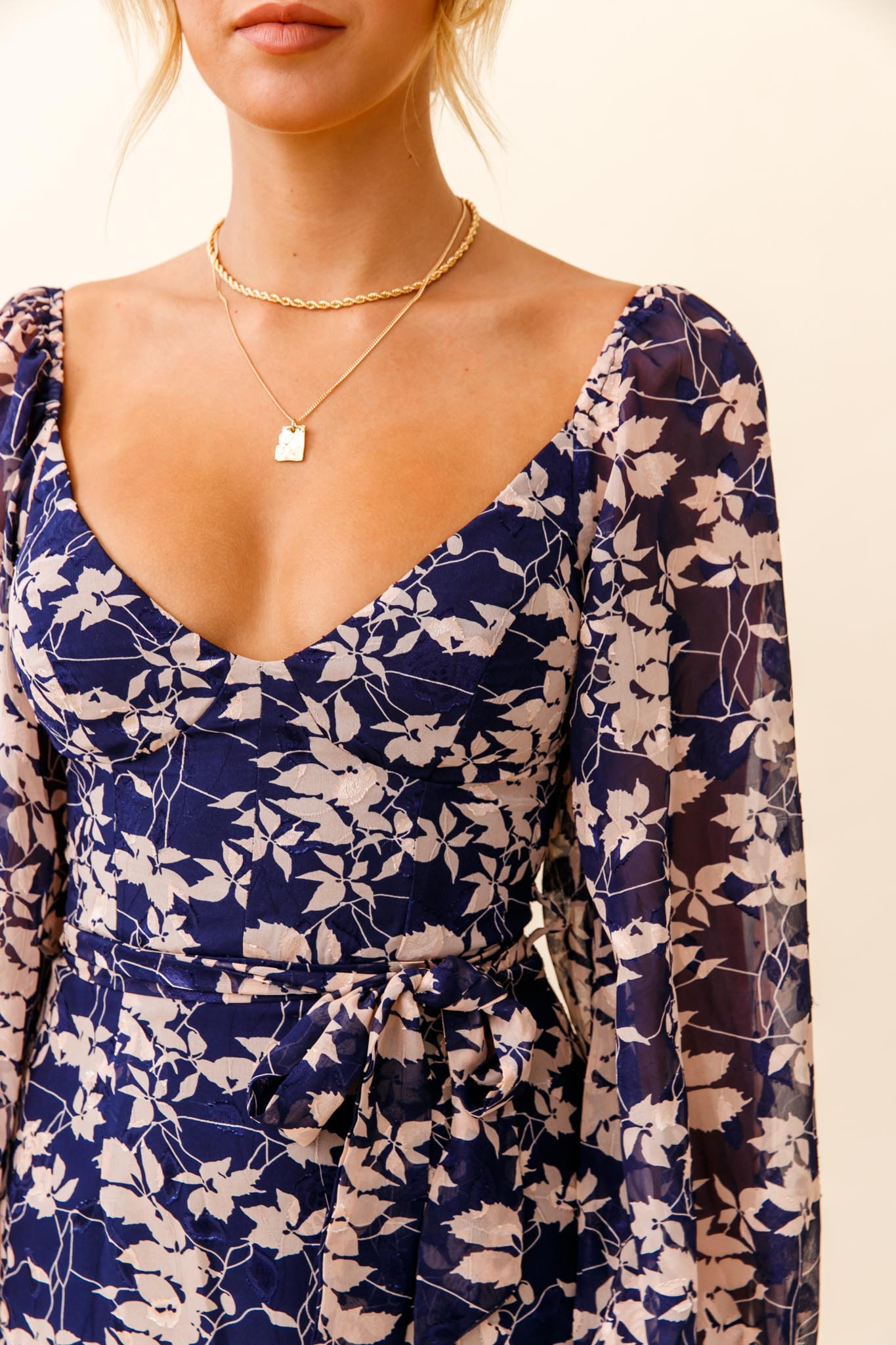 Make Memories Balloon Sleeve Molded Bust Dress Leaf Print Navy-Fable Dress