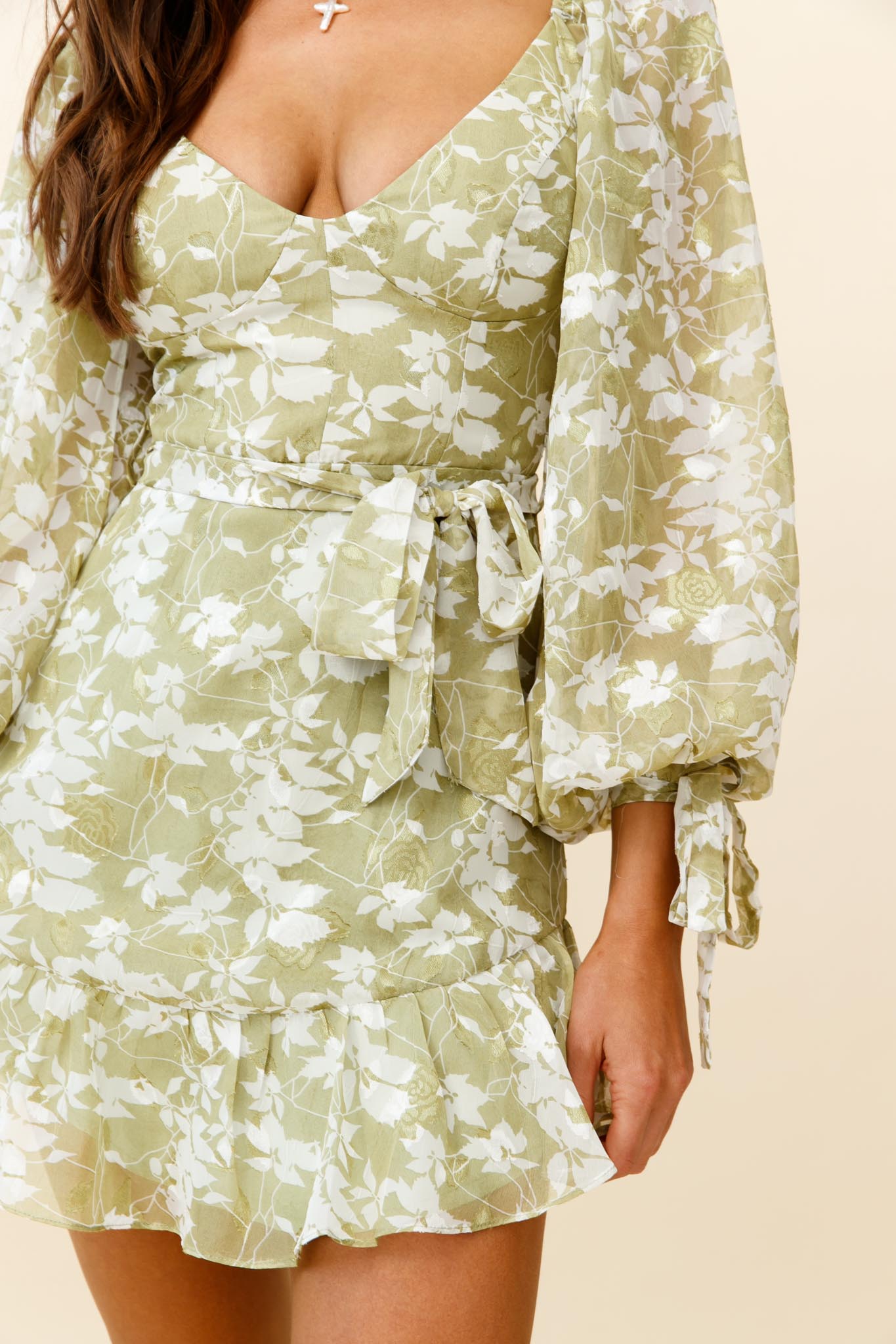 Make Memories Balloon Sleeve Molded Bust Dress Leaf Print Olive-Fable Dress