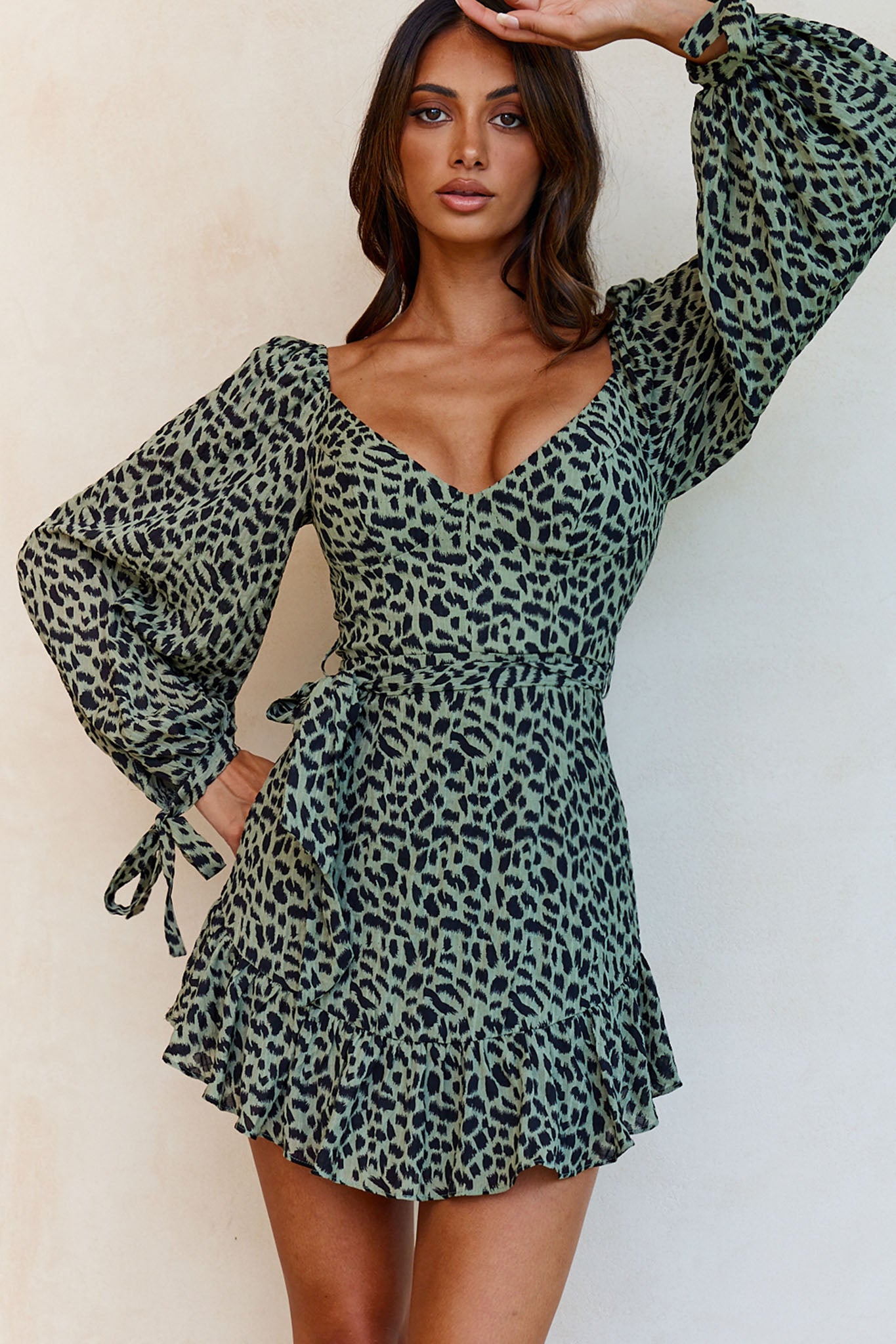 Make Memories Balloon Sleeve Molded Bust Dress Animal Print Olive-Fable Dress