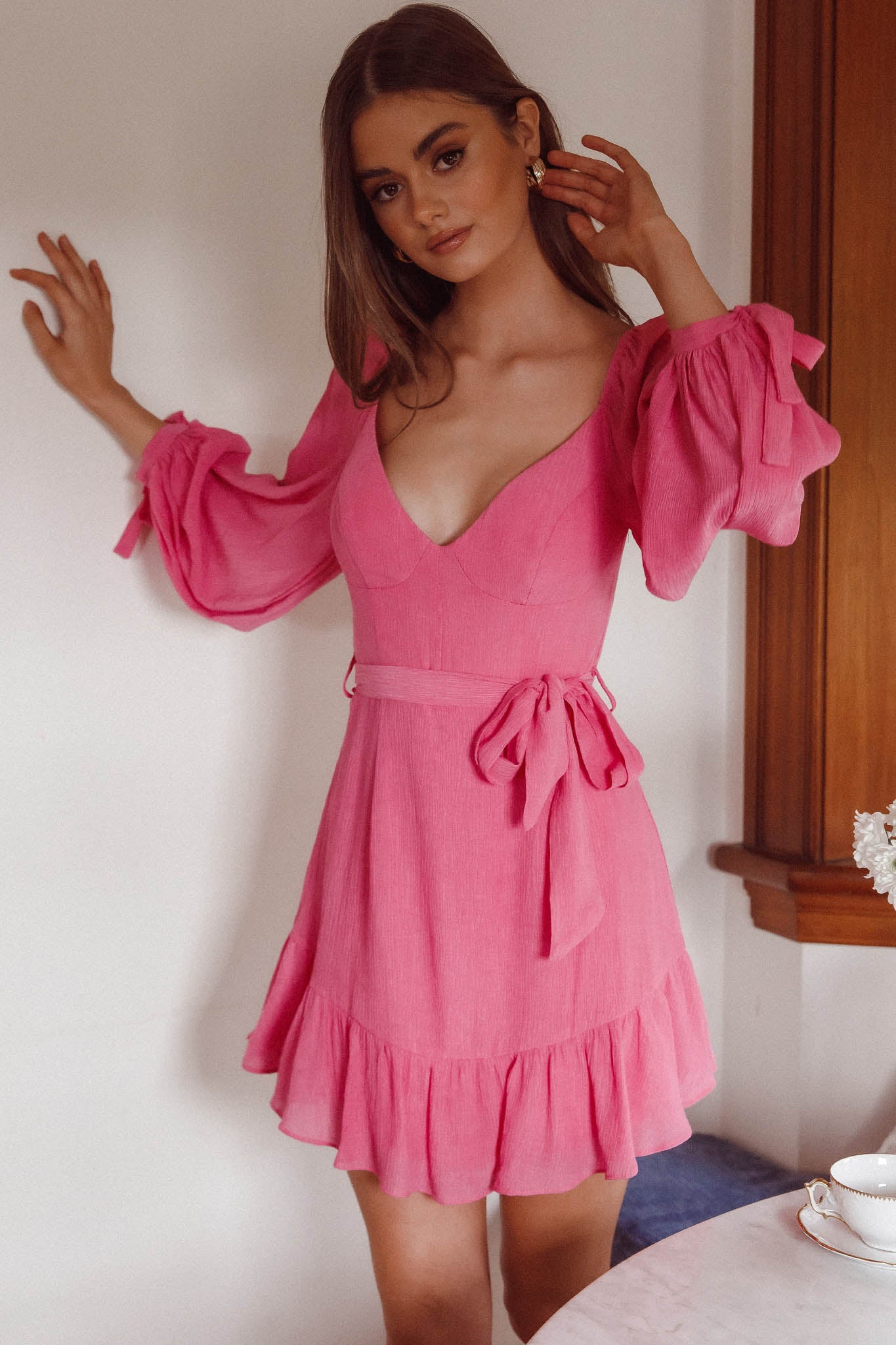 Make Memories Balloon Sleeve Molded Bust Dress Hot Pink-Fable Dress