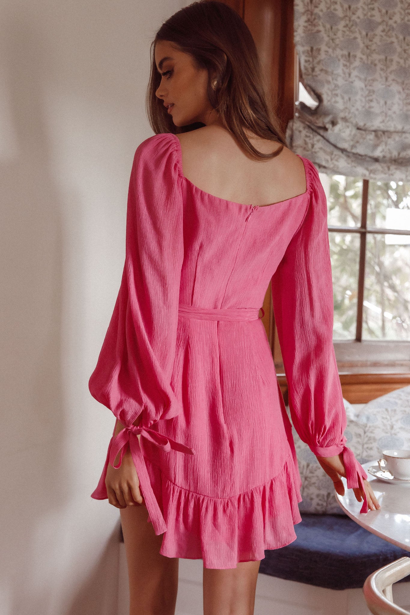 Make Memories Balloon Sleeve Molded Bust Dress Hot Pink-Fable Dress
