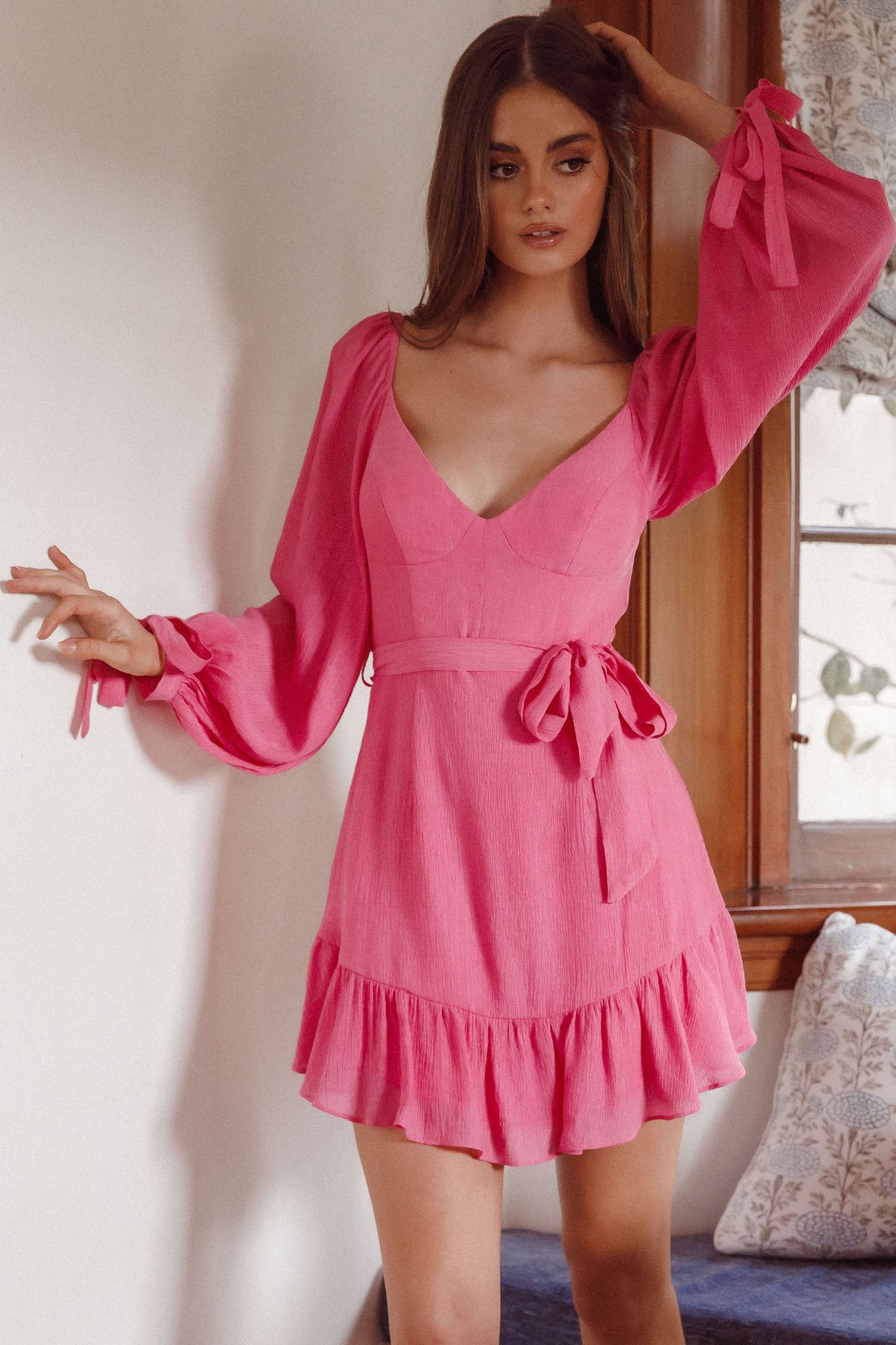 Make Memories Balloon Sleeve Molded Bust Dress Hot Pink-Fable Dress