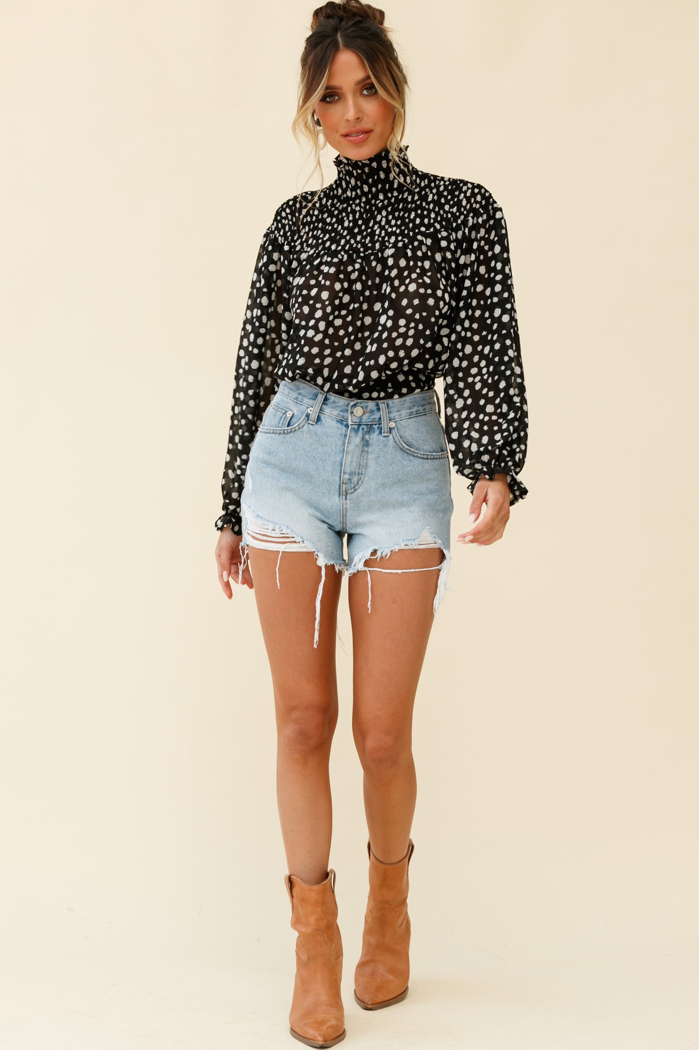 Sparrow High Neck Shirred Blouse Spot Print Black-Fable Dress