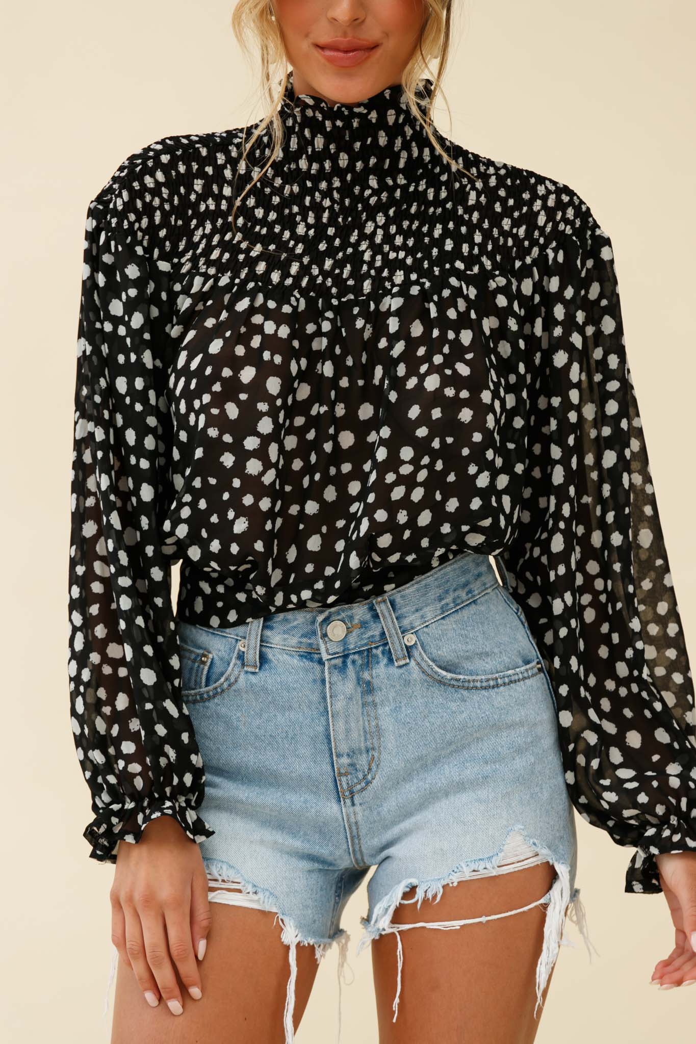 Sparrow High Neck Shirred Blouse Spot Print Black-Fable Dress