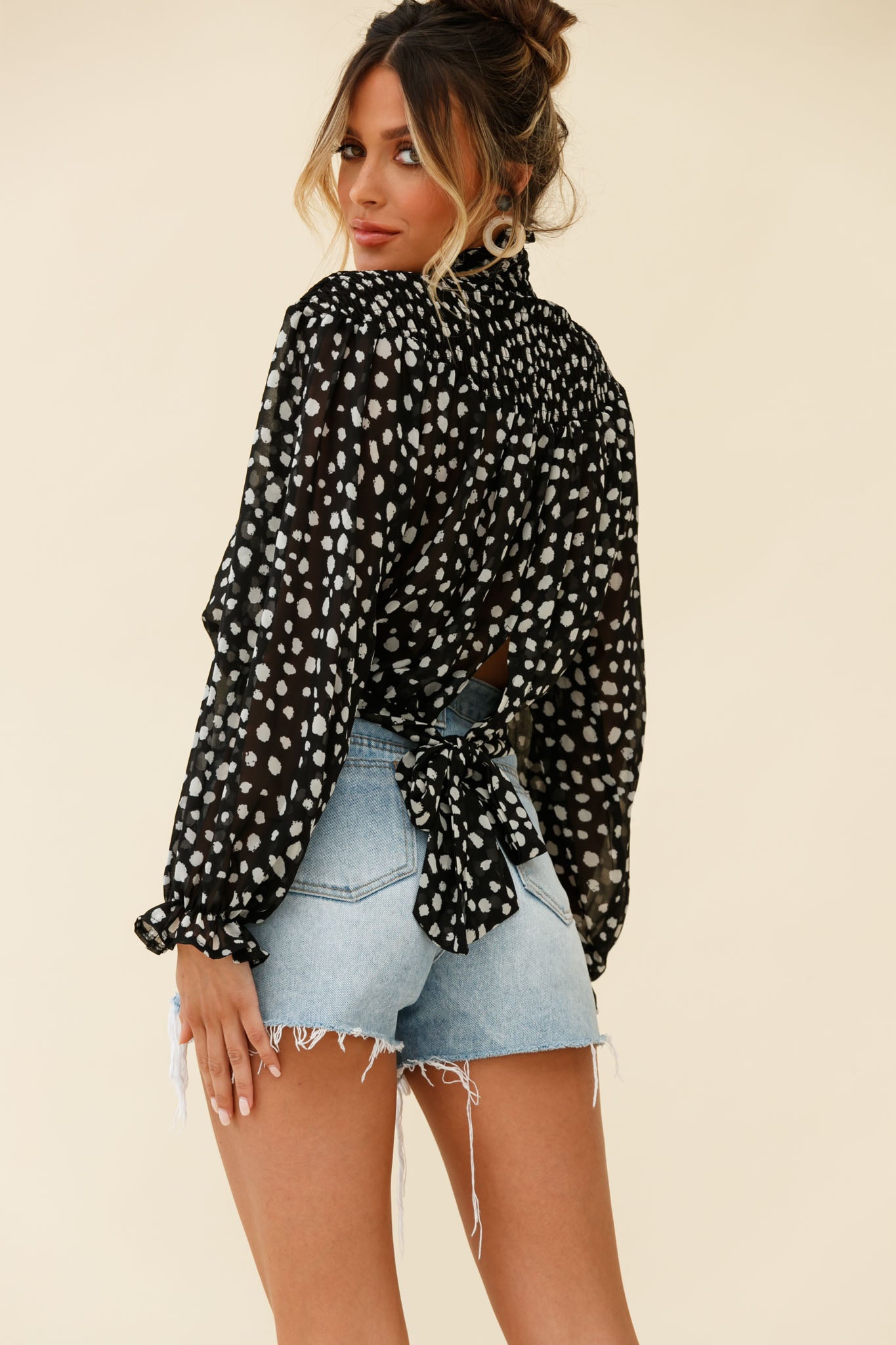 Sparrow High Neck Shirred Blouse Spot Print Black-Fable Dress