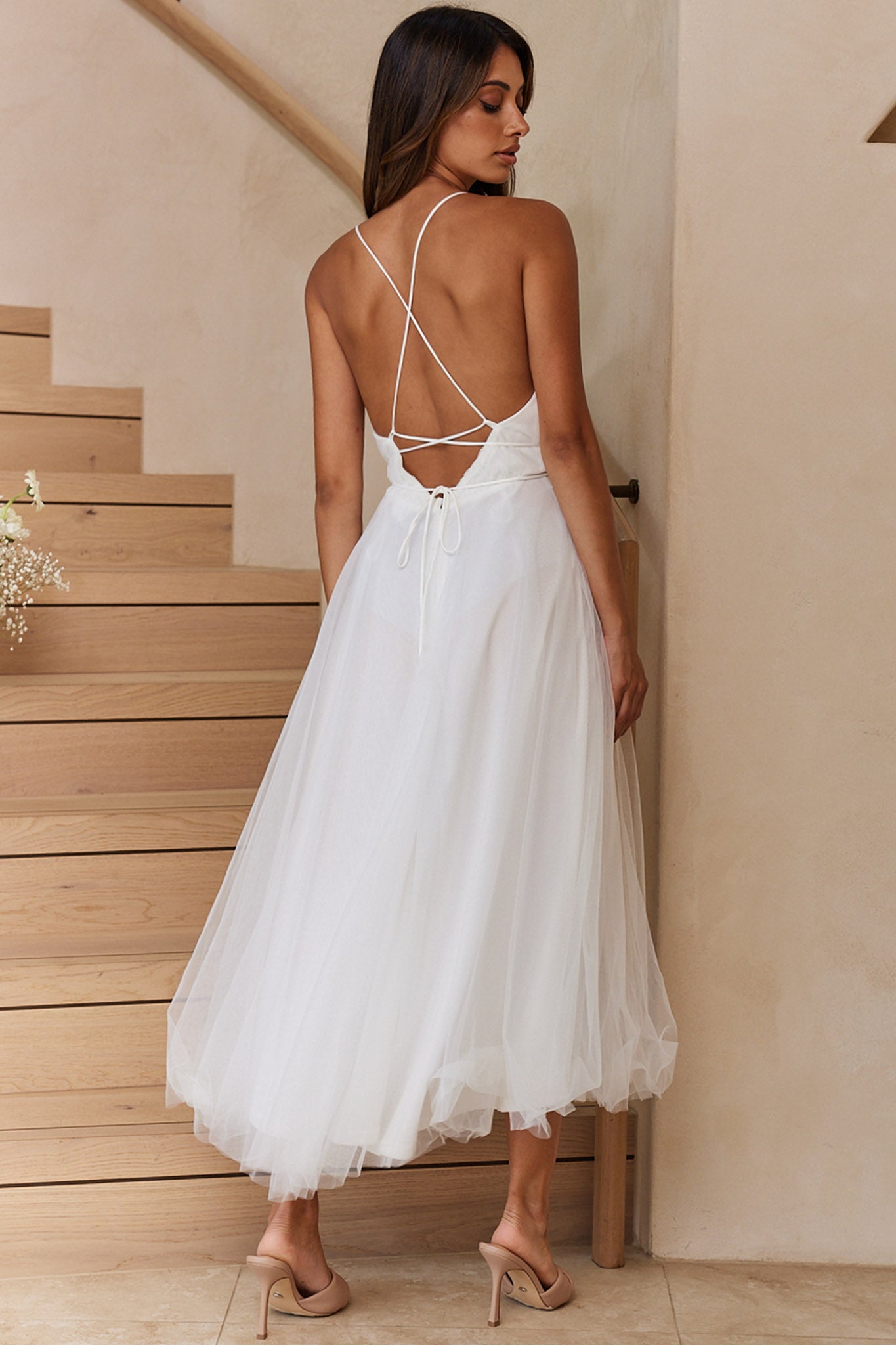 Floating By Plunging Neckline Mesh Overlay Midi Dress White-Fable Dress