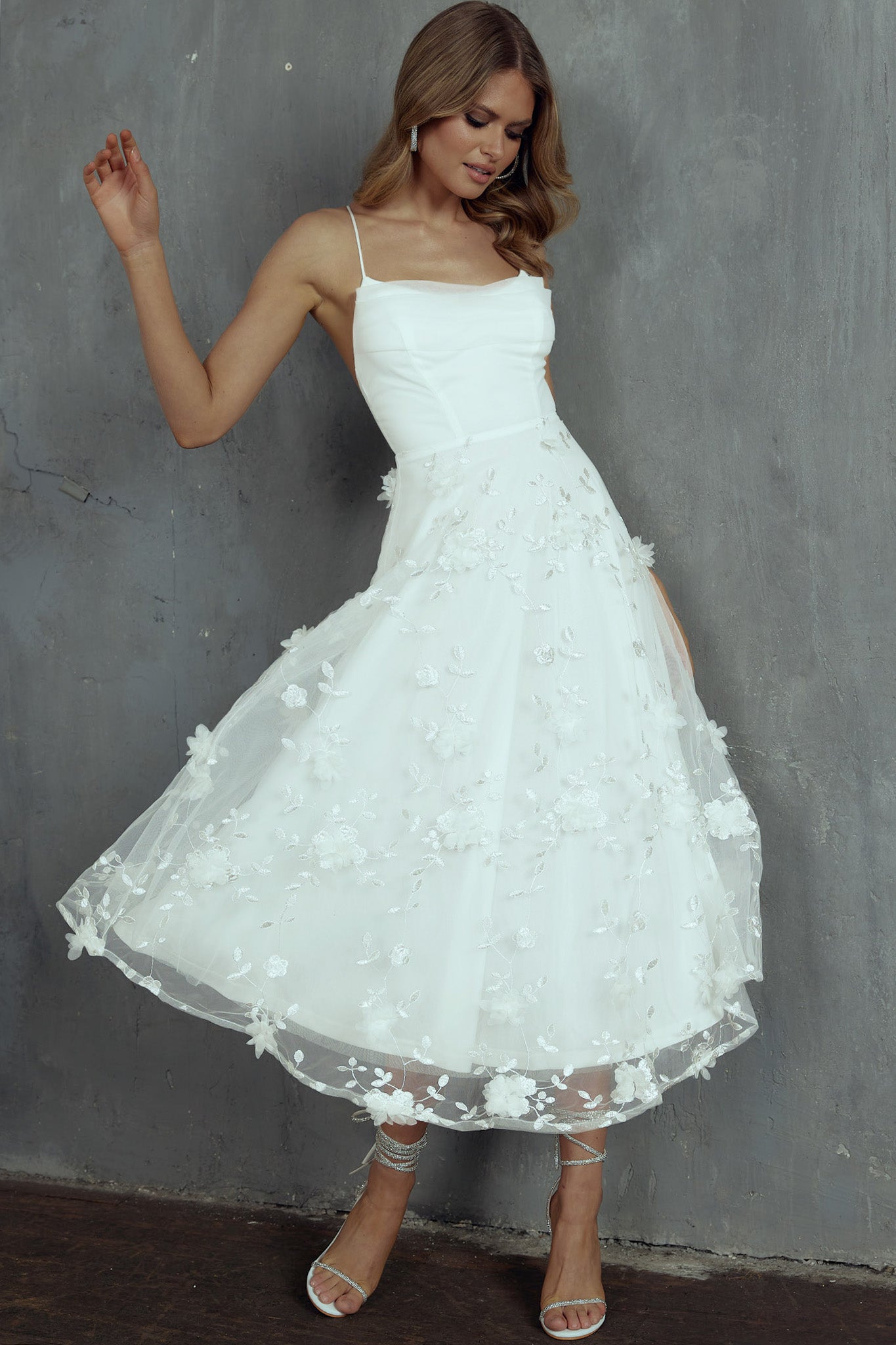 Floating By Pleated Neckline Mesh Midi Dress Embellished White-Fable Dress