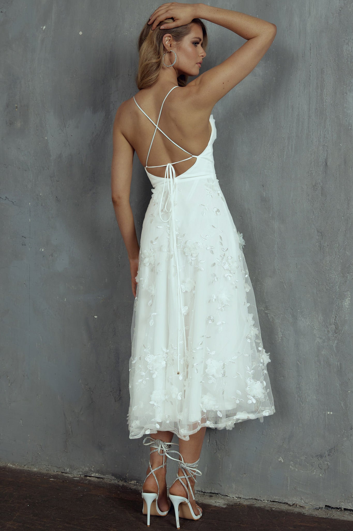 Floating By Pleated Neckline Mesh Midi Dress Embellished White-Fable Dress