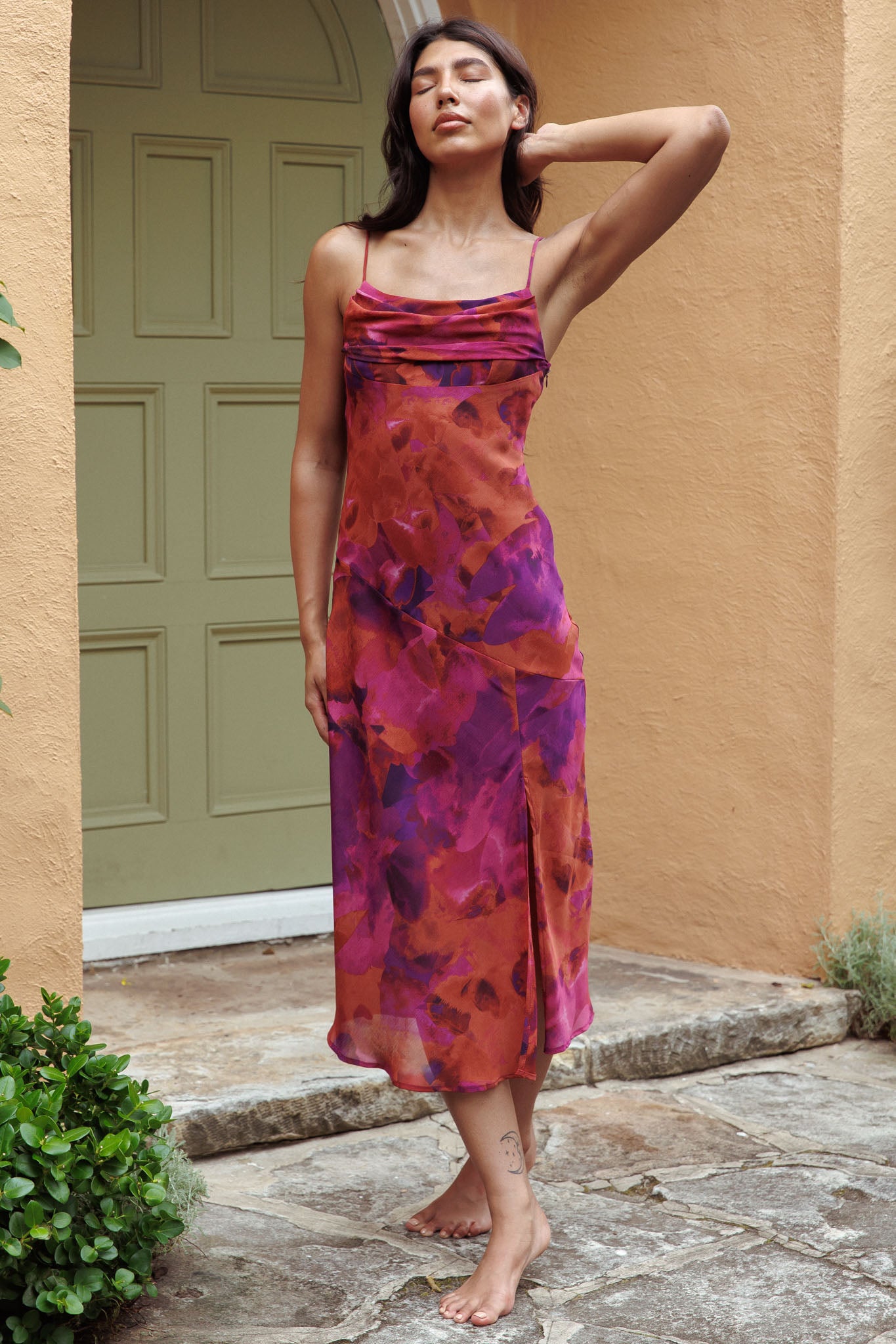 Well Versed Pleated Bust Front Split Dress Dark Rose-Fable Dress