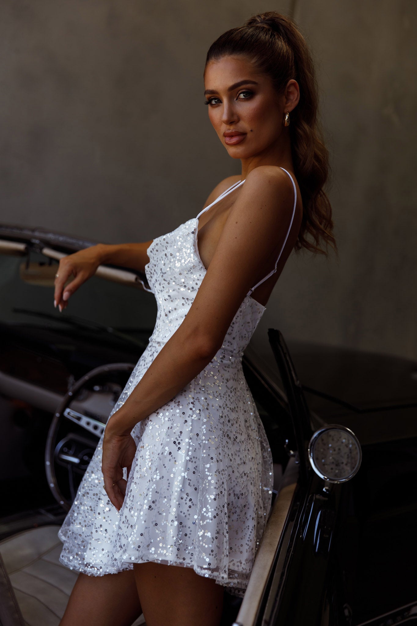 Marbella Sequin Embellished Scoop Neck Mini Dress White-Fable Dress