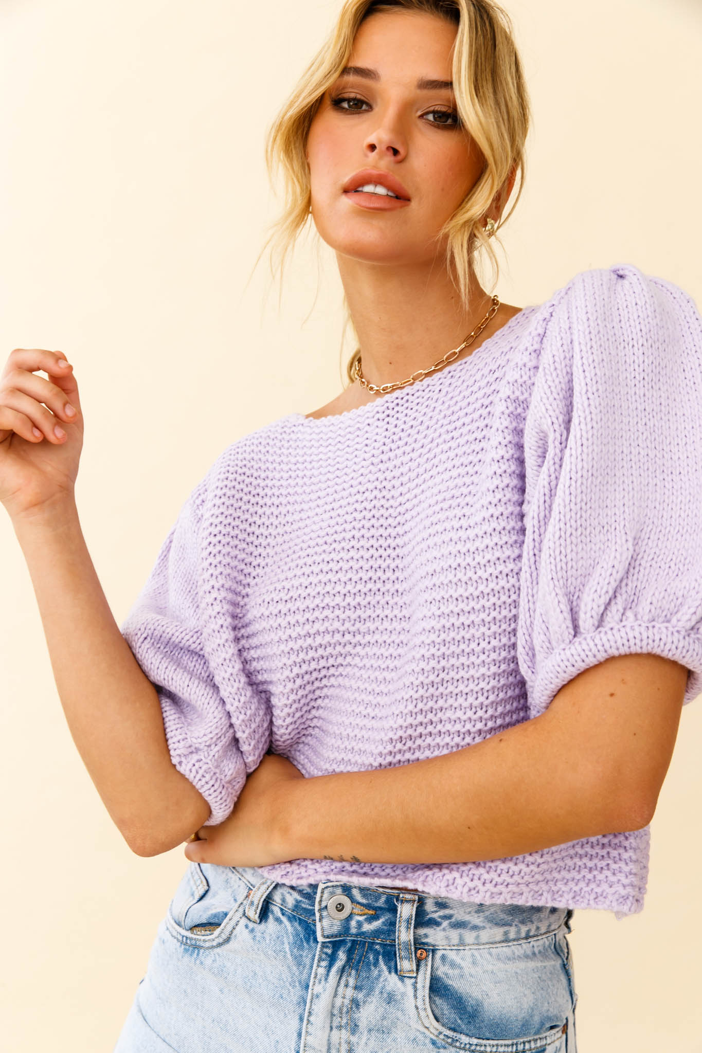 Marla Puff Sleeve Chunky Knit Top Lilac-Fable Dress