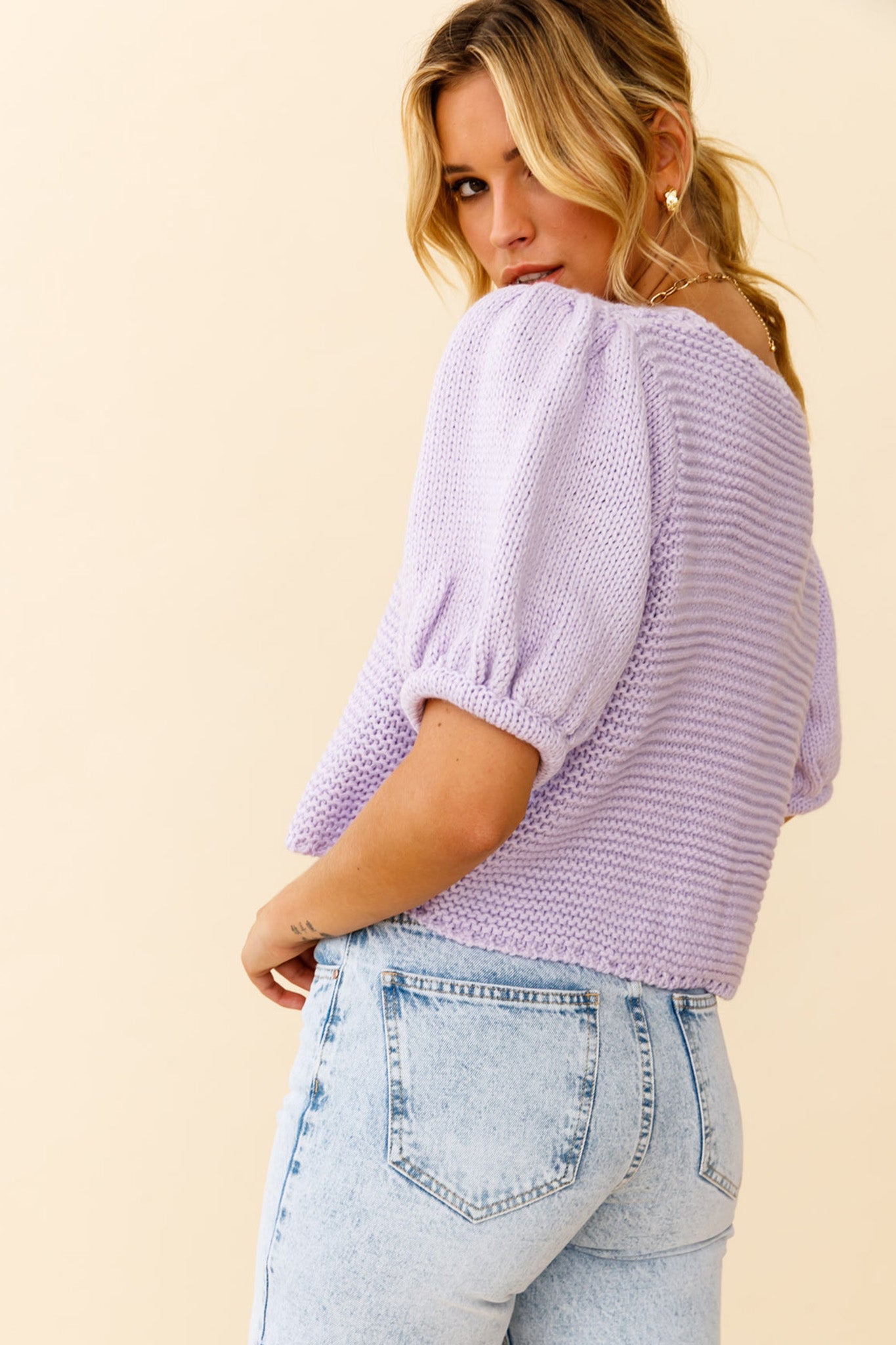 Marla Puff Sleeve Chunky Knit Top Lilac-Fable Dress