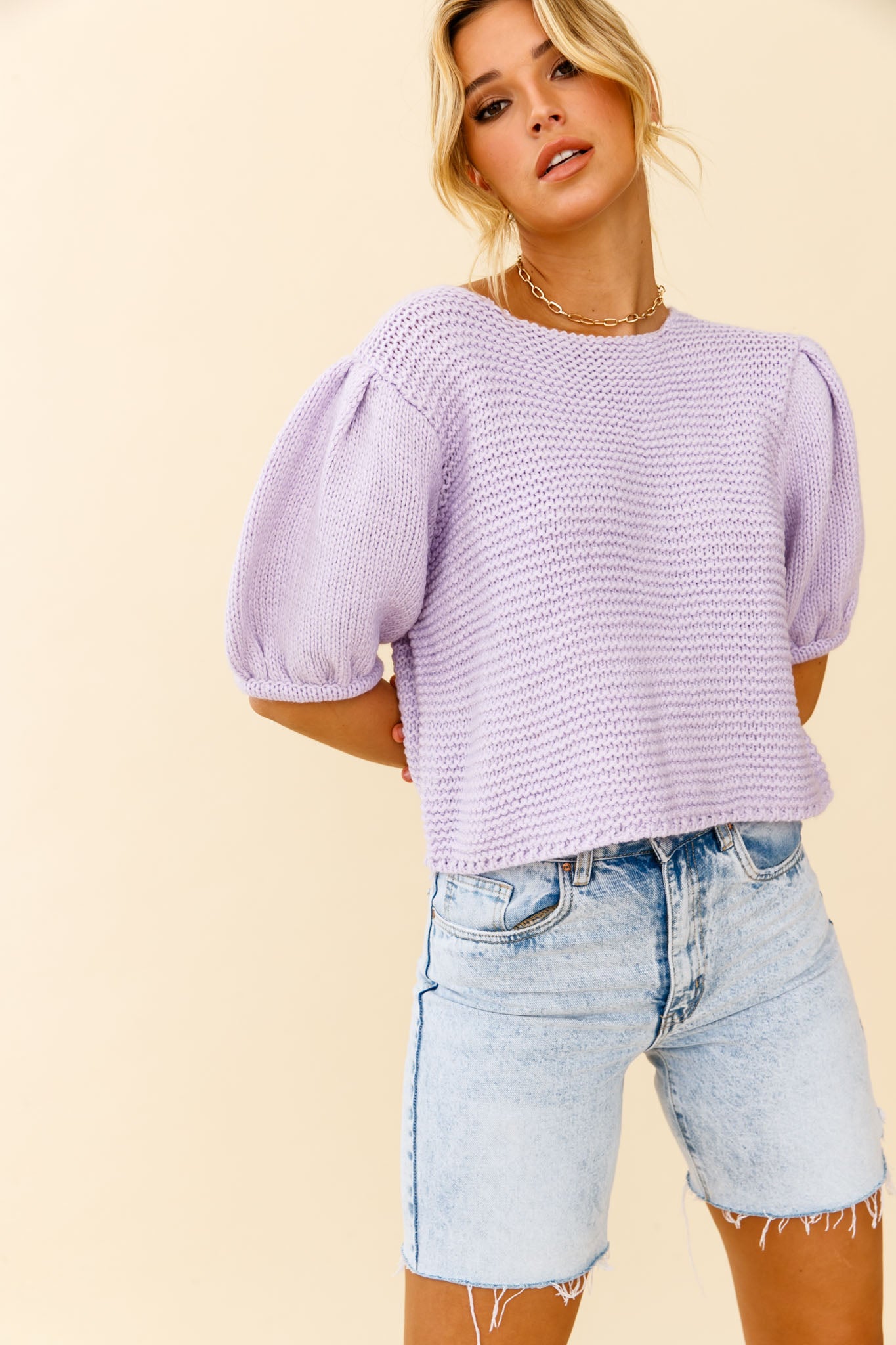 Marla Puff Sleeve Chunky Knit Top Lilac-Fable Dress